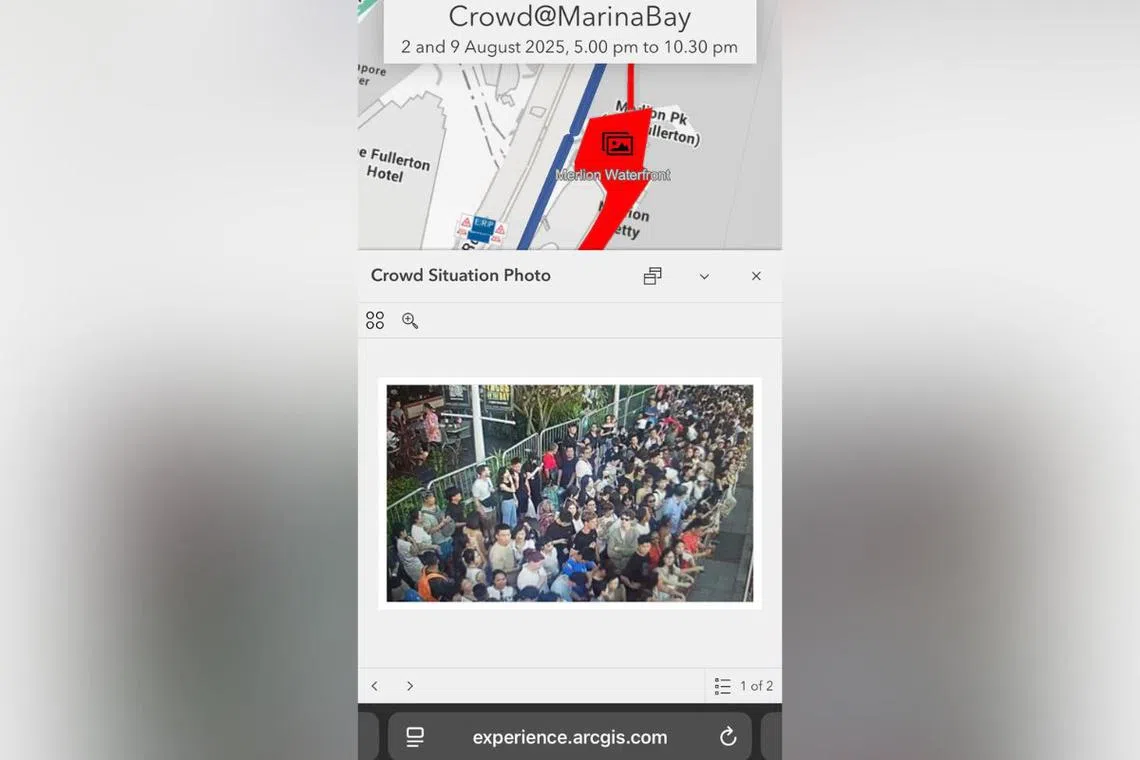公众在国庆日当天使用Crowd@MarinaBay时，能看到不同地点的实时照片，更好的了解各区的人潮情况。（Crowd@MarinaBay截图）