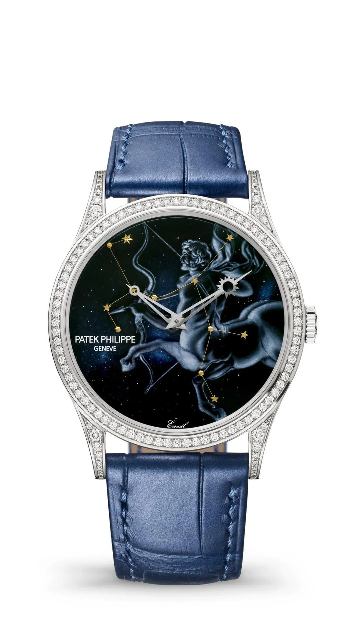 表盘采用利摩日白釉灰调珐琅、大明火掐丝珐琅和金箔珐琅工艺，紧扣与黄道十二宫相关的星座主题。（百达翡丽提供）