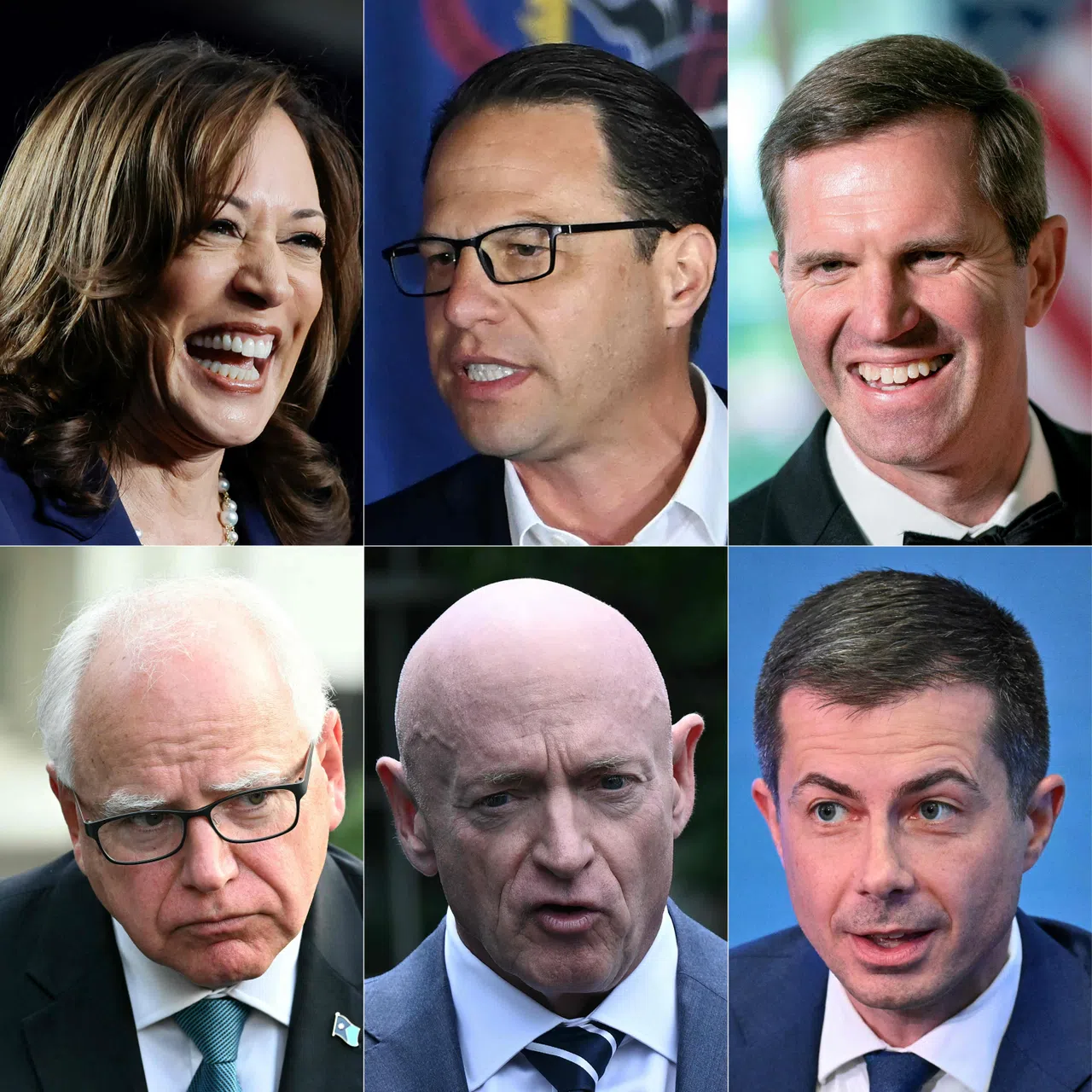 美国副总统哈里斯（上排左）在周末与竞选副手可能人选会面。他们是宾夕法尼亚州长夏皮罗（上排中起）、肯塔基州长贝希尔、明尼苏达州长沃尔兹（下排左起）、亚利桑那州联邦参议员凯利以及交通部长布蒂吉格。（法新社）