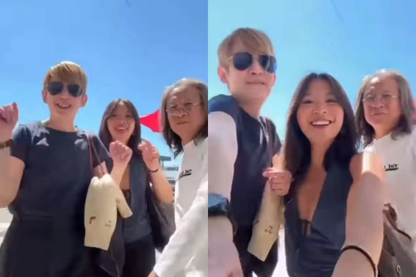 面对家里两个女演员——老婆吴君如（两图左）和女儿陈是知（两图中），陈可辛有他的三字生存口诀。（吴君如IG截图）