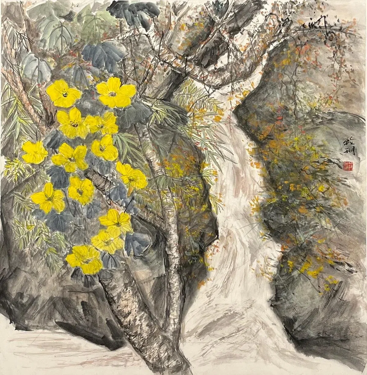 符致珊彩墨画《春意盎然》（尺寸70×68厘米），画他喜爱的大自然。（画廊提供图片）