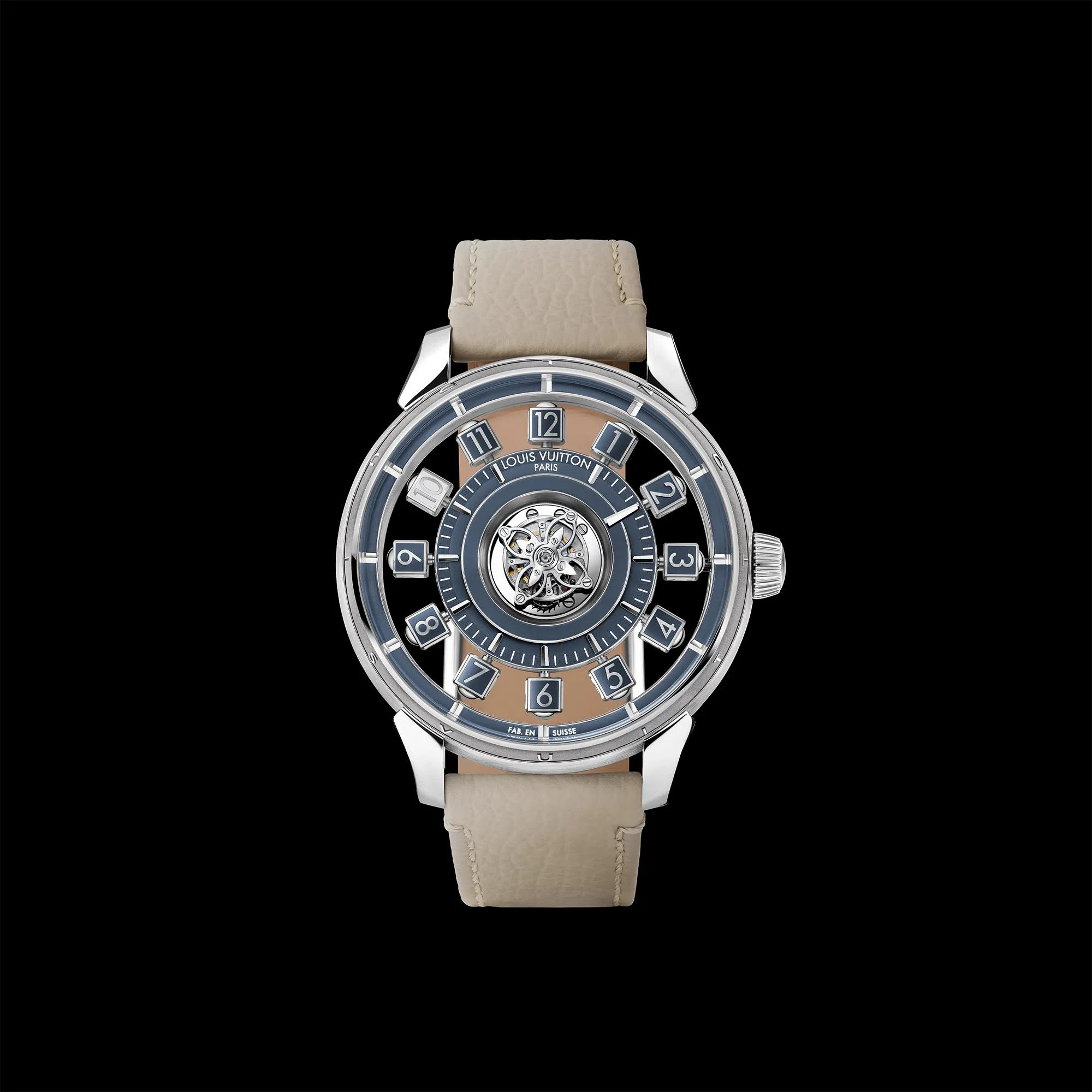 这枚路易威登腕表将空中翻转立方体小时显示与飞行陀飞轮合二为一。（GPHG提供）