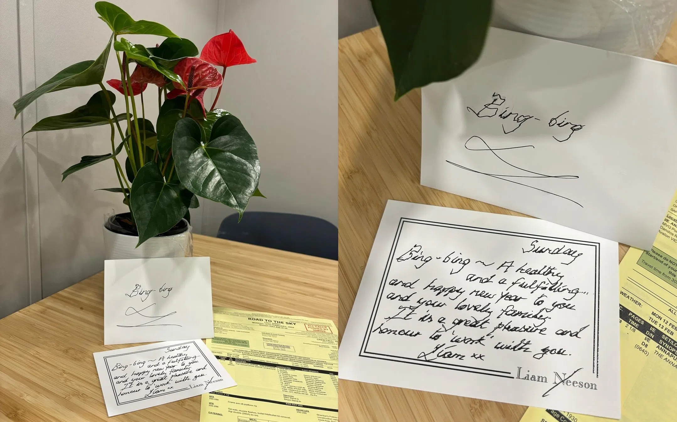 Liam Neeson的字迹意外成为网民讨论的焦点。（取自范冰冰IG）