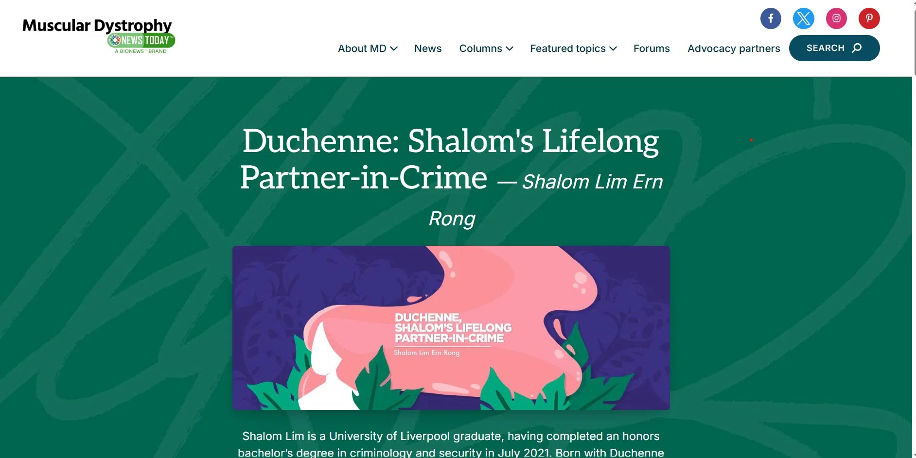 林恩荣在Muscular Dystrophy News Today网络平台上发表专栏，分享真实故事。（互联网截图）