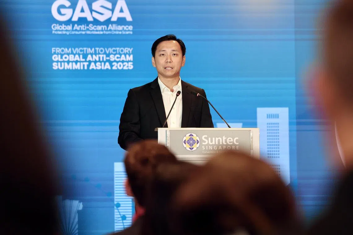 内政部兼社会及家庭发展部政务部长吴培铭在全球反诈骗联盟亚洲防诈高峰会致辞时说，警方自9月1日起将TikTok列为指定在线服务商之一。（邬福梁摄）