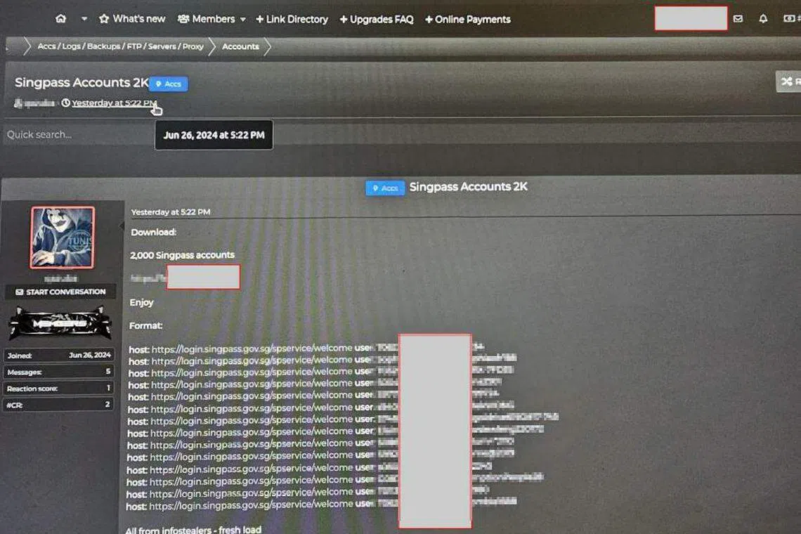 暗网上近期出现售卖Singpass资料的广告。（Resecurity提供）