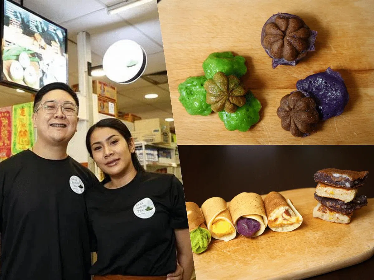 Baan Kanom Thai售卖泰式小松糕（右上）、泰式东京卷和泰式椰子煎饼（右下）。（李健玮摄）