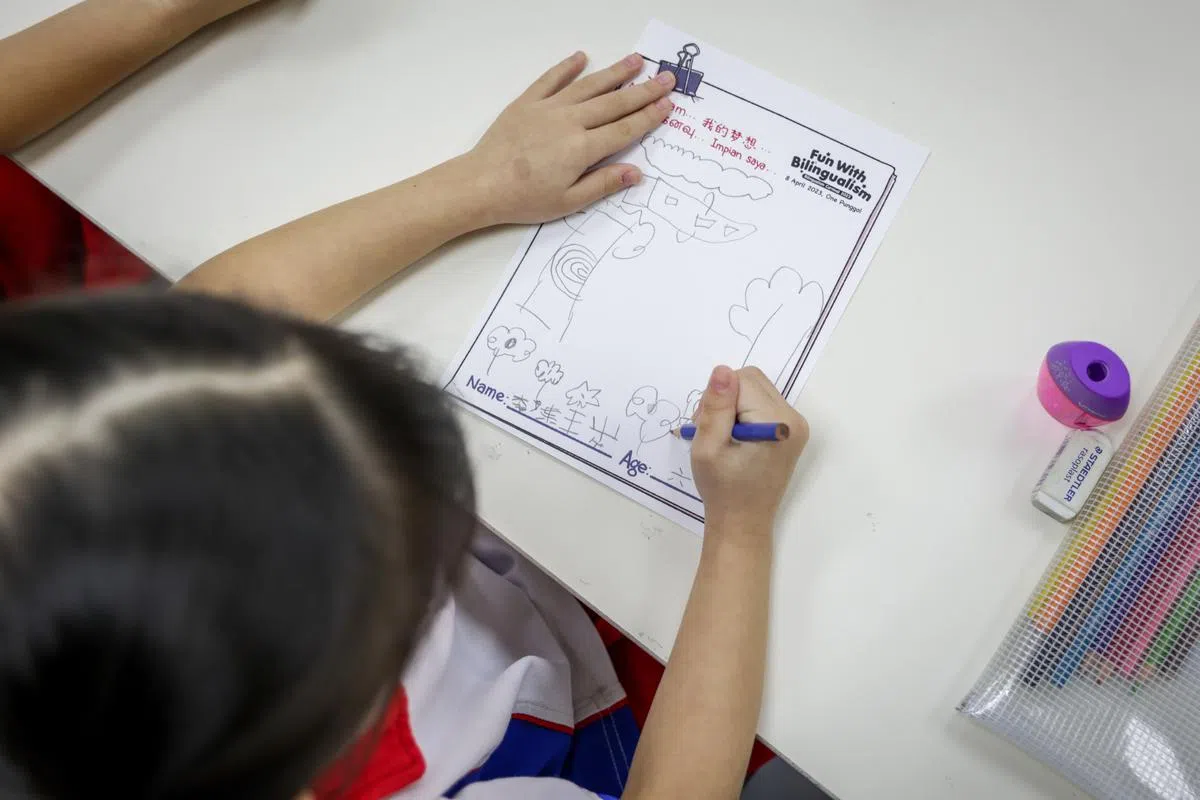 听完《小红箱 大梦想》的故事后，宏茂桥-后港第535座PCF Sparkletots幼儿园的学生在纸上涂画， 记录下自己对未来的想象和期许。（叶振忠摄）