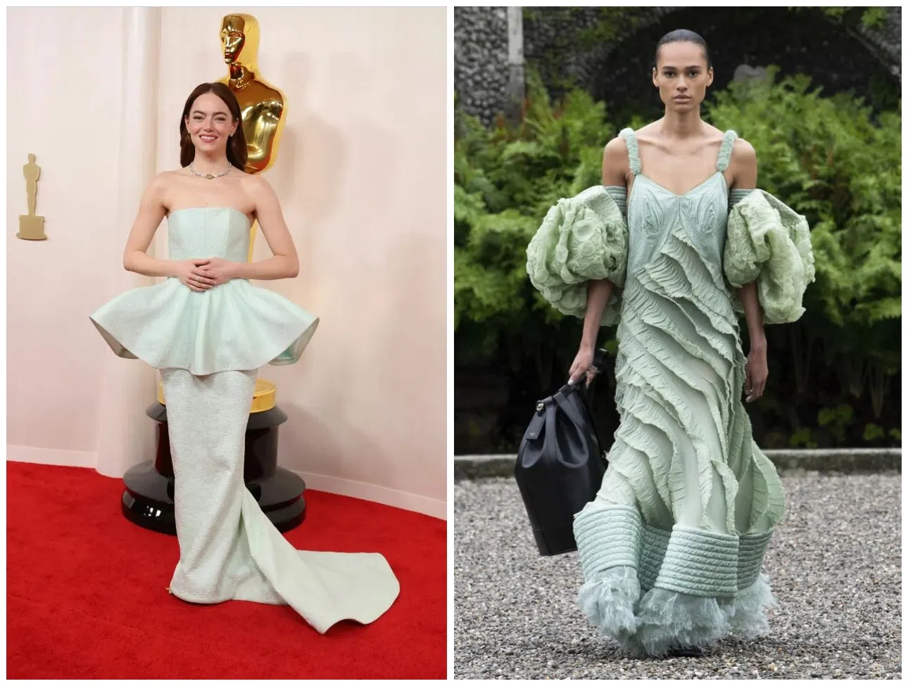 左图：Emma Stone二度夺得影后，穿一身薄荷绿长裙亮相奥斯卡颁奖典礼。图右：Louis Vuitton发布的最新Cruise 2024系列中，大面积使用薄荷曼波色。（互联网）