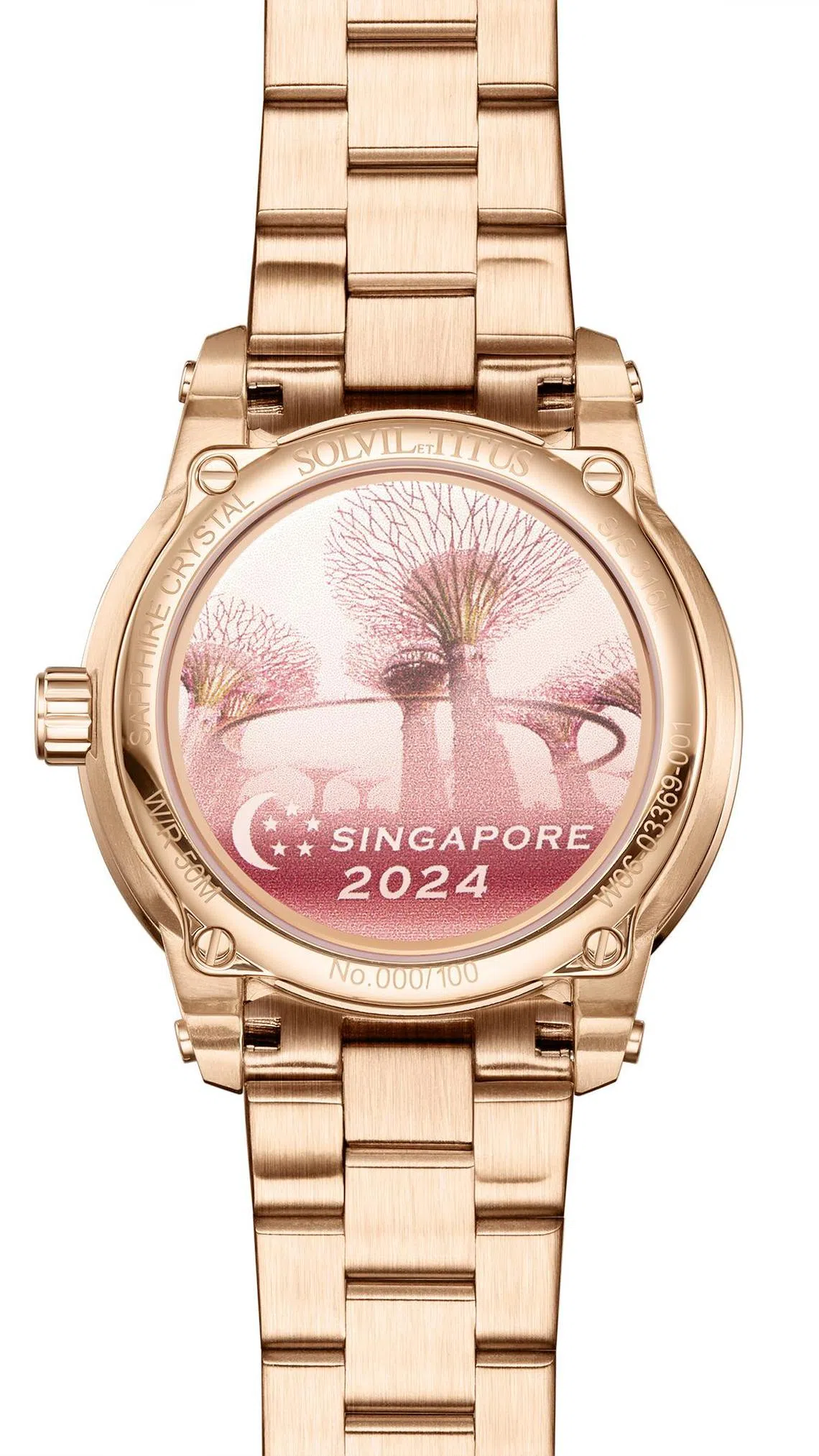 致敬新加坡花园城市的铁达时特别版腕表，饰有滨海湾花园擎天树图案。（铁达时提供）