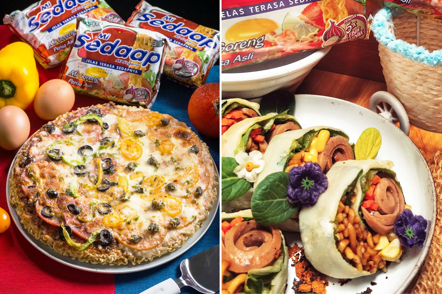 无论是披萨的“面饼”，还是卷饼里的内陷，选用Mi Sedaap干面，简单快速换个口味。（图/Mi Sedaap提供）