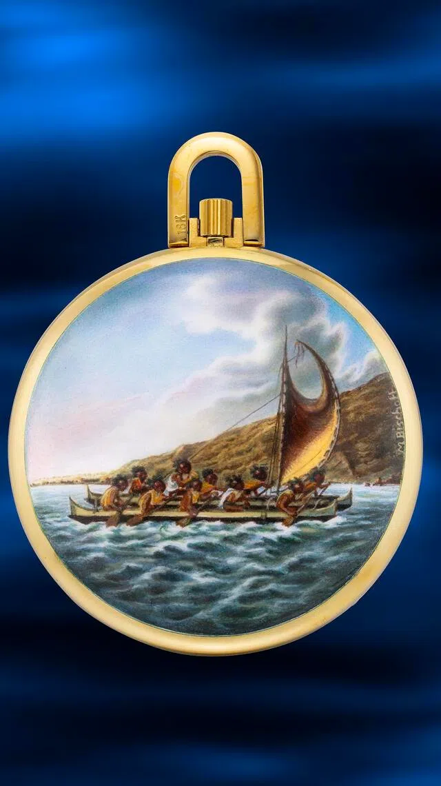 珐琅大师比绍夫的Ref.866/48“Guerriers Hawaiiens”取材自探险家约翰·韦伯1784年的素描，描绘夏威夷战士划舟场景。（富艺斯提供）