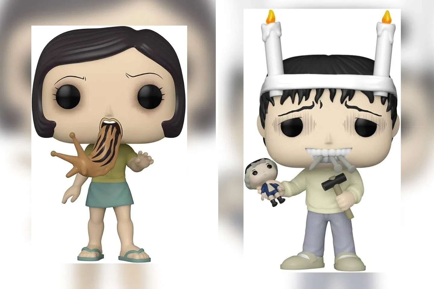 FunKo Pop!与伊藤润二推出联名公仔，左是蛞蝓女孩，右是双一。（Funko Pop!图片）