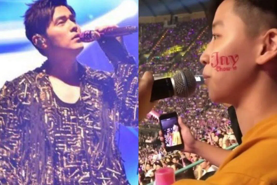 帅气女歌迷（右）在周杰伦2017年的台北演唱会上演唱《退后》赢得赞赏。（互联网）