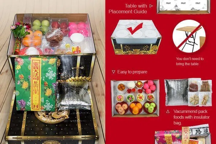 祭品配套包括烧卖、云吞、鸡块、五香、水饺、苹果、橙、发糕等，方便顾客一次买齐，省去逐项准备的麻烦。（业者提供）