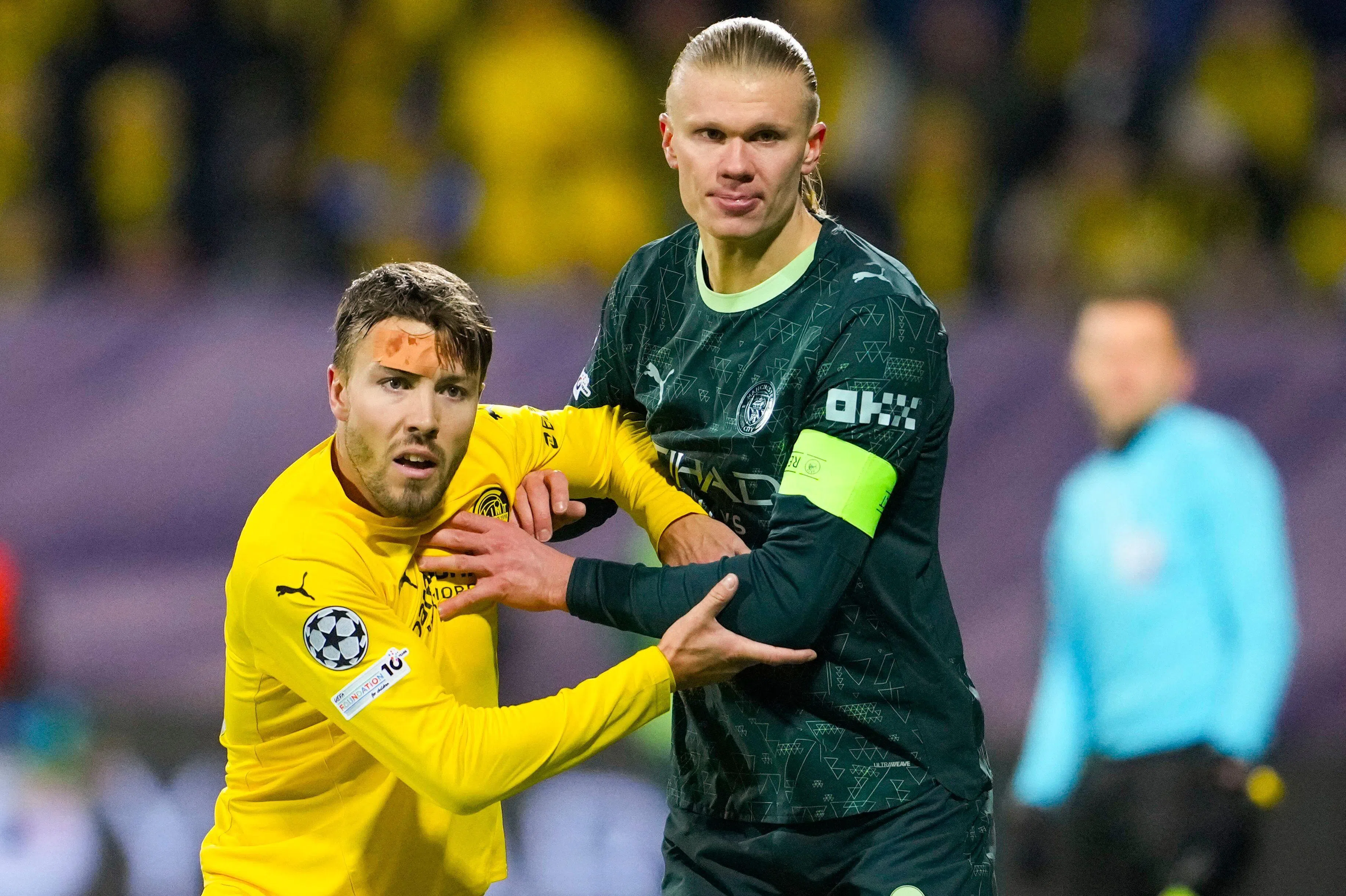 曼市上场欧冠意外以1比3不敌挪威球队博德闪耀，让对手收获欧冠队史首胜。曼市射脚哈兰德（右）全场哑火，已经连续九场没有取得运动战进球，其间只攻入一记罚球。（法新社）