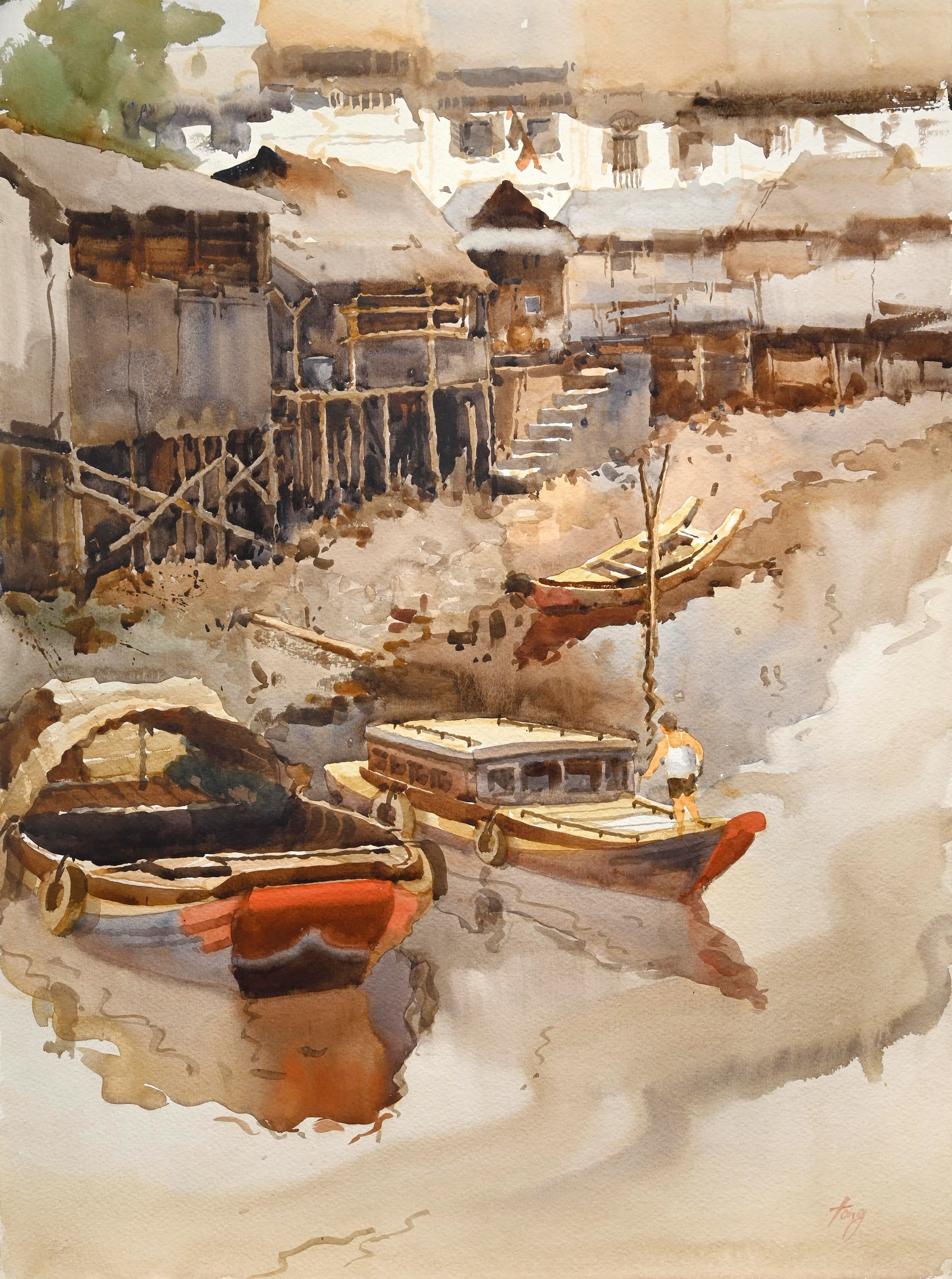 童振狮水彩画《驳船码头》（1984）。（集菁艺社提供）