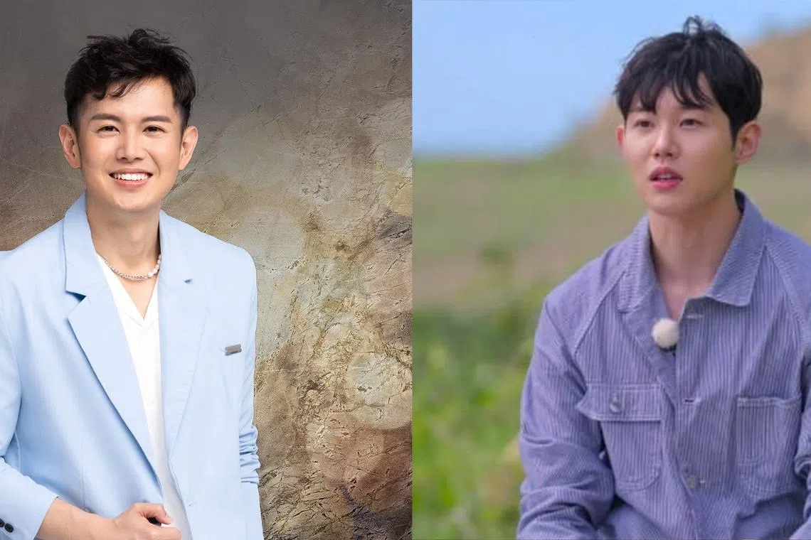 左图是张承尧2025年10月拍的电台宣传照，右图是《单身即地狱》参与者禹盛闵初登场时的造型。你觉得他们像吗？（UFM100.3提供、取自互联网）