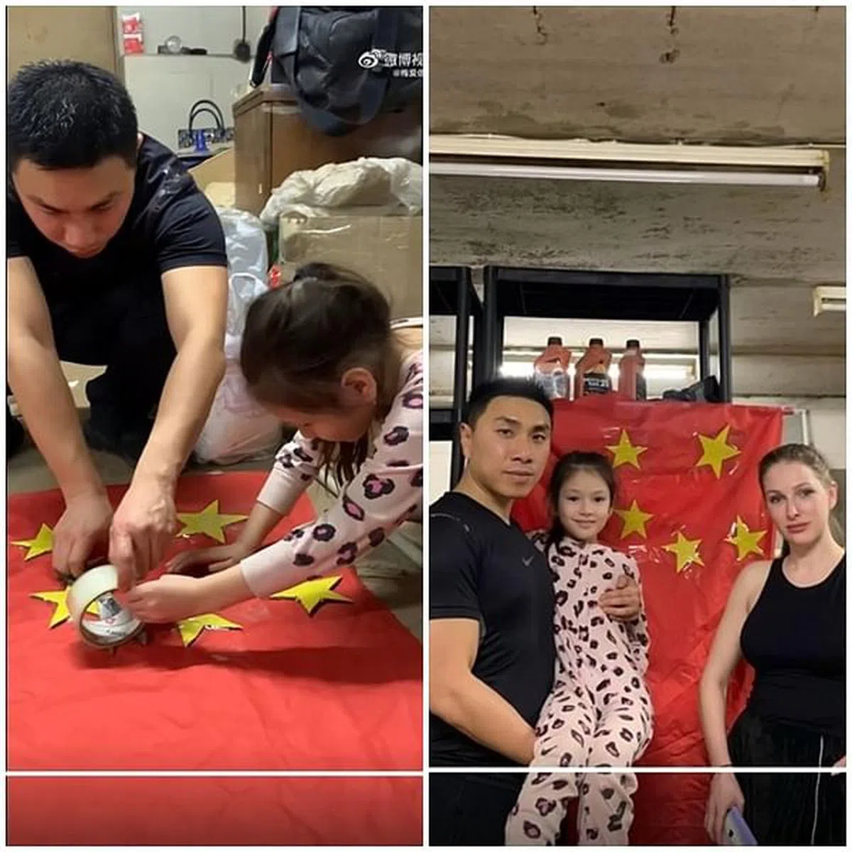 梅爱偲带着妻女躲在地下室，赶制五星红旗自保。（微博）