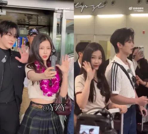 虞书欣（左图右，右图左）上月底从中国飞到泰国拍摄综艺时，被粉丝拍到亲切打招呼的样子，似乎不受负面舆论影响。（取自虞书欣微博）