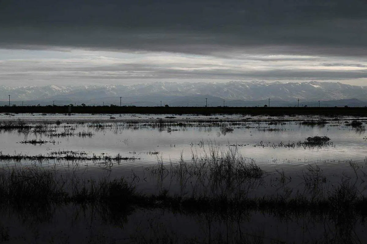 图莱里县遭淹没的农田就地处中央谷地，而不远处就是还随时可能再大范围融化的内华达雪山。（法新社）