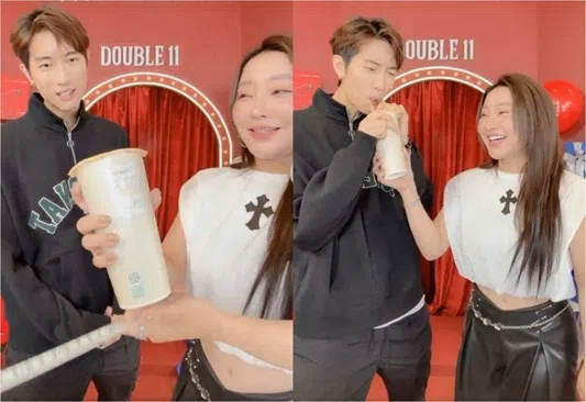 范姜彦丰上网红“天后板妹”的直播节目，期间喝了“小王秘蜜粿果绿”饮料。（互联网）