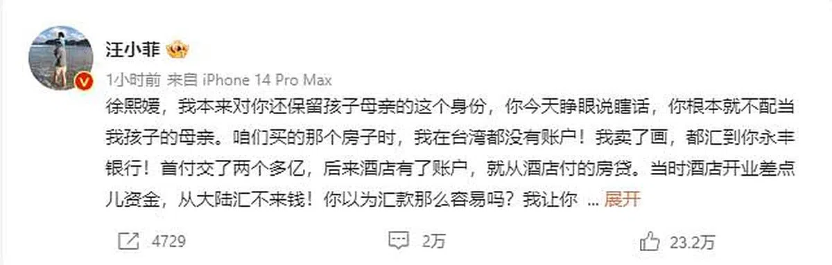 汪小菲怒呛大S。（取自微博）