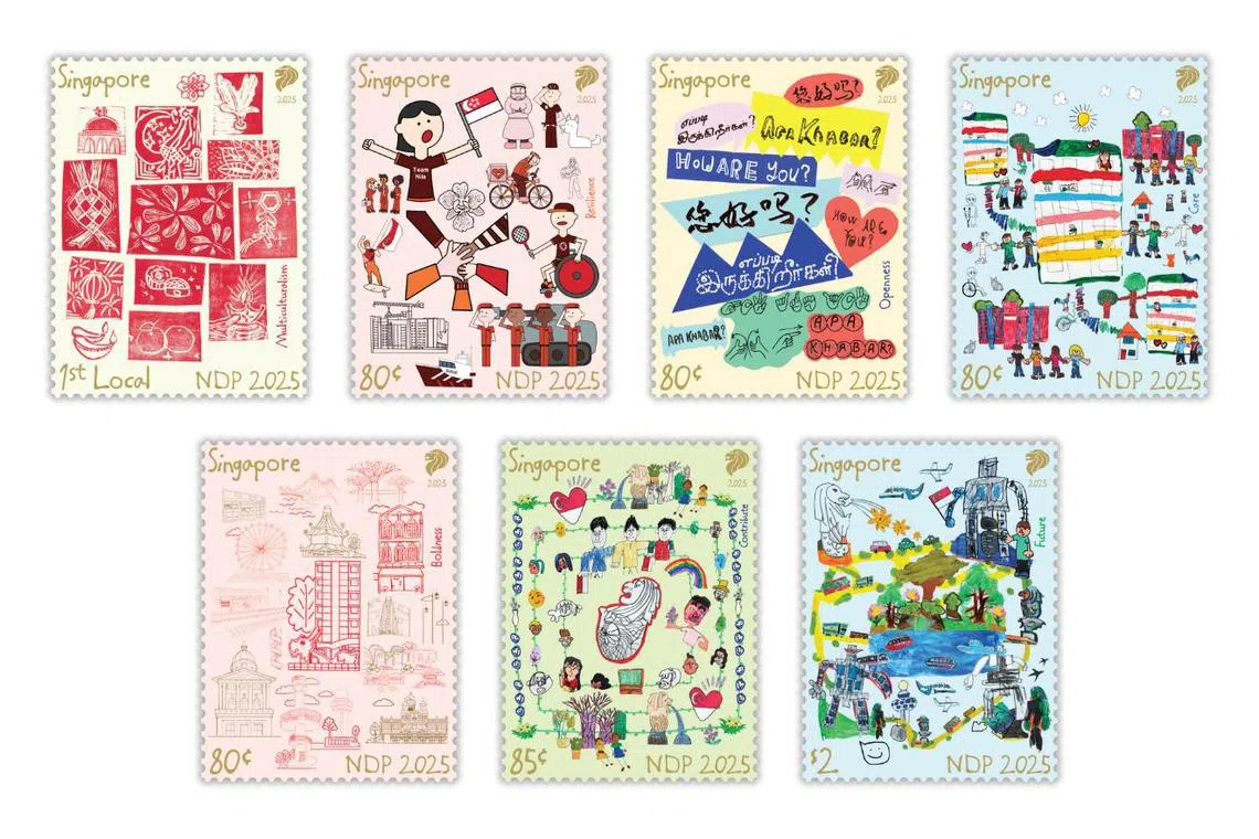 邮票采用了国庆礼包的图案设计，这些图案均由特需人士设计。七款设计分别展现新加坡的多元文化、坚韧、开放、勇气、关怀、贡献，以及未来。（新邮政提供）