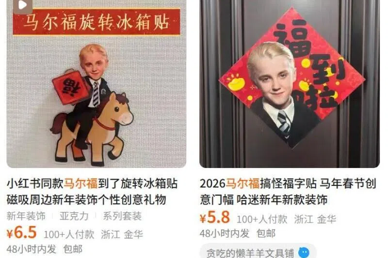 不少人用“马尔福”头像取代传统福字或生肖图样，贴在门口、橱窗等，这股热潮还衍生出更多新春装饰品。（互联网）