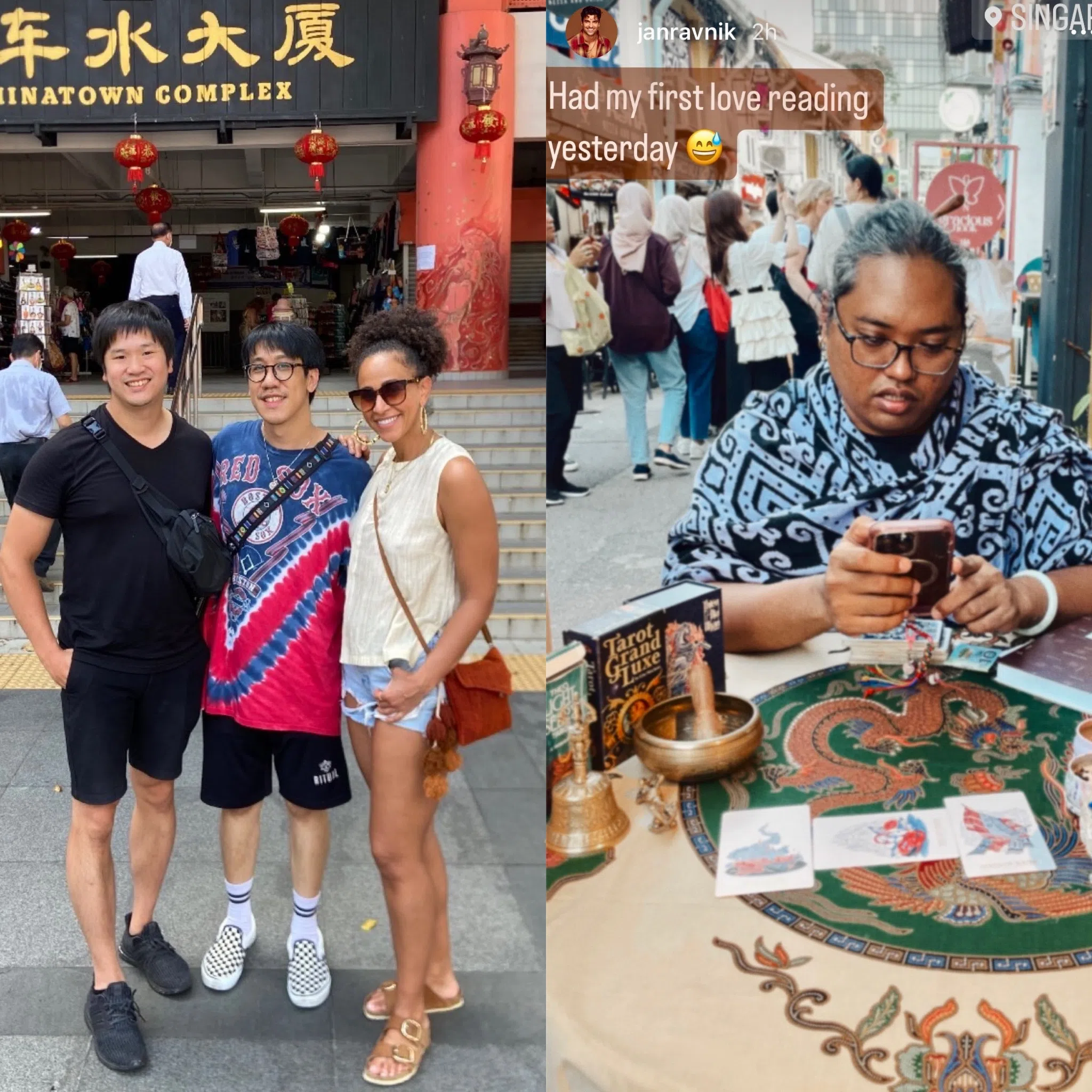 跟泰勒丝合作十多年的伴唱Melanie Nyema（左图右），在IG限时动态分享与友人于牛车水大厦前的合影； 为泰勒丝伴舞的型男Jan Ravnik则找塔罗师占卜爱情（右图）。（IG截图）