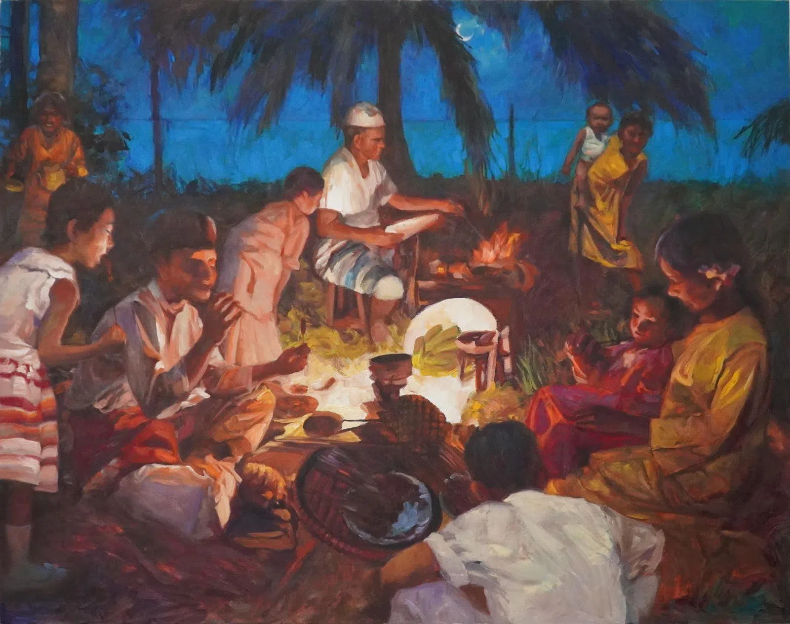 范少华油画《乡夜暖情》（2024），描绘已消失的生活记忆。（受访者提供）