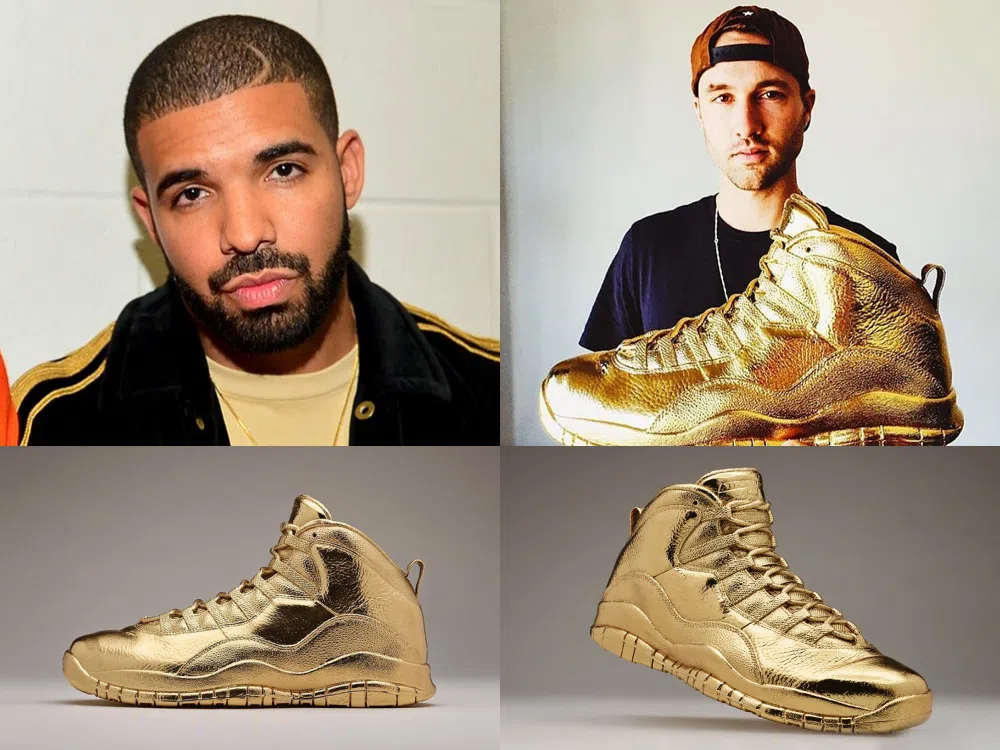 全球最贵的球鞋是说唱歌手Drake（左）和Matthew Senna（右）2016年以真金打造的Air Jordan 10 OVO鞋款。（取自网络）