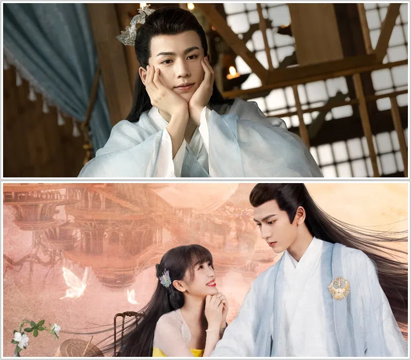 张凌赫（上图）在2022年玄幻剧《苍兰诀》饰演的长珩仙君圈粉无数，可惜与虞书欣（下图左）饰演的小兰花最终有缘无份。（互联网）