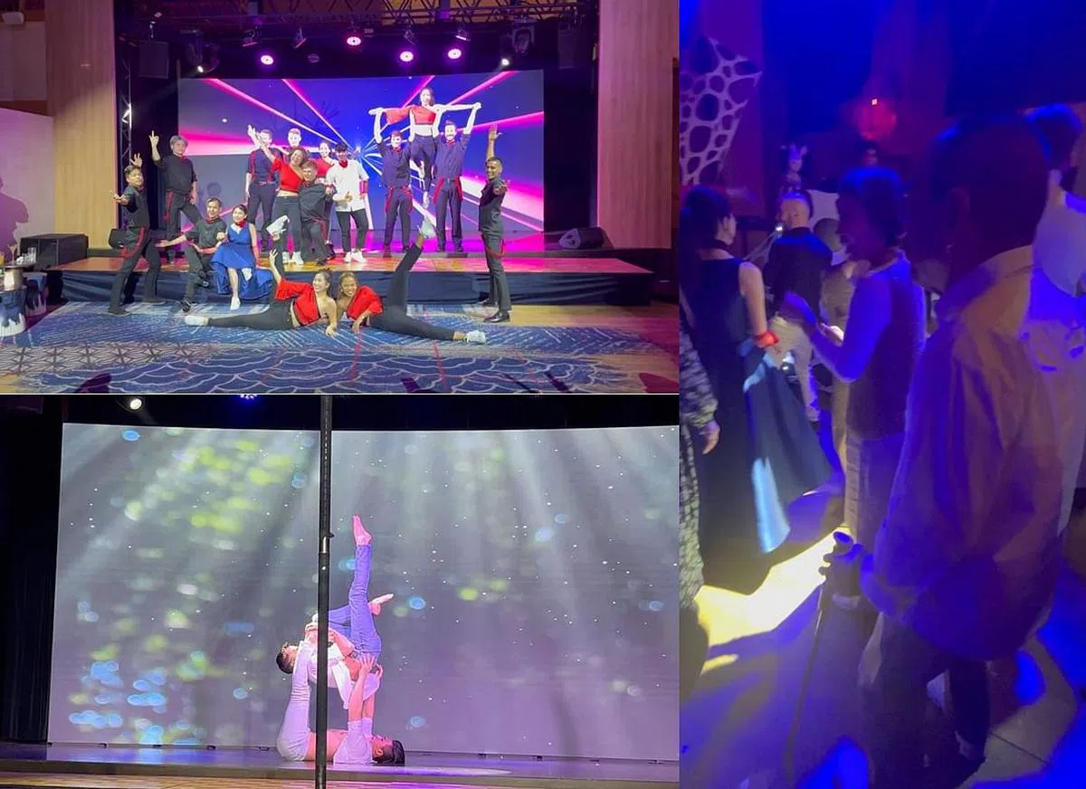 度假村的夜晚表演丰富，连年迈的老夫妻（右）也随着音乐快乐起舞。（曾慧仪摄）