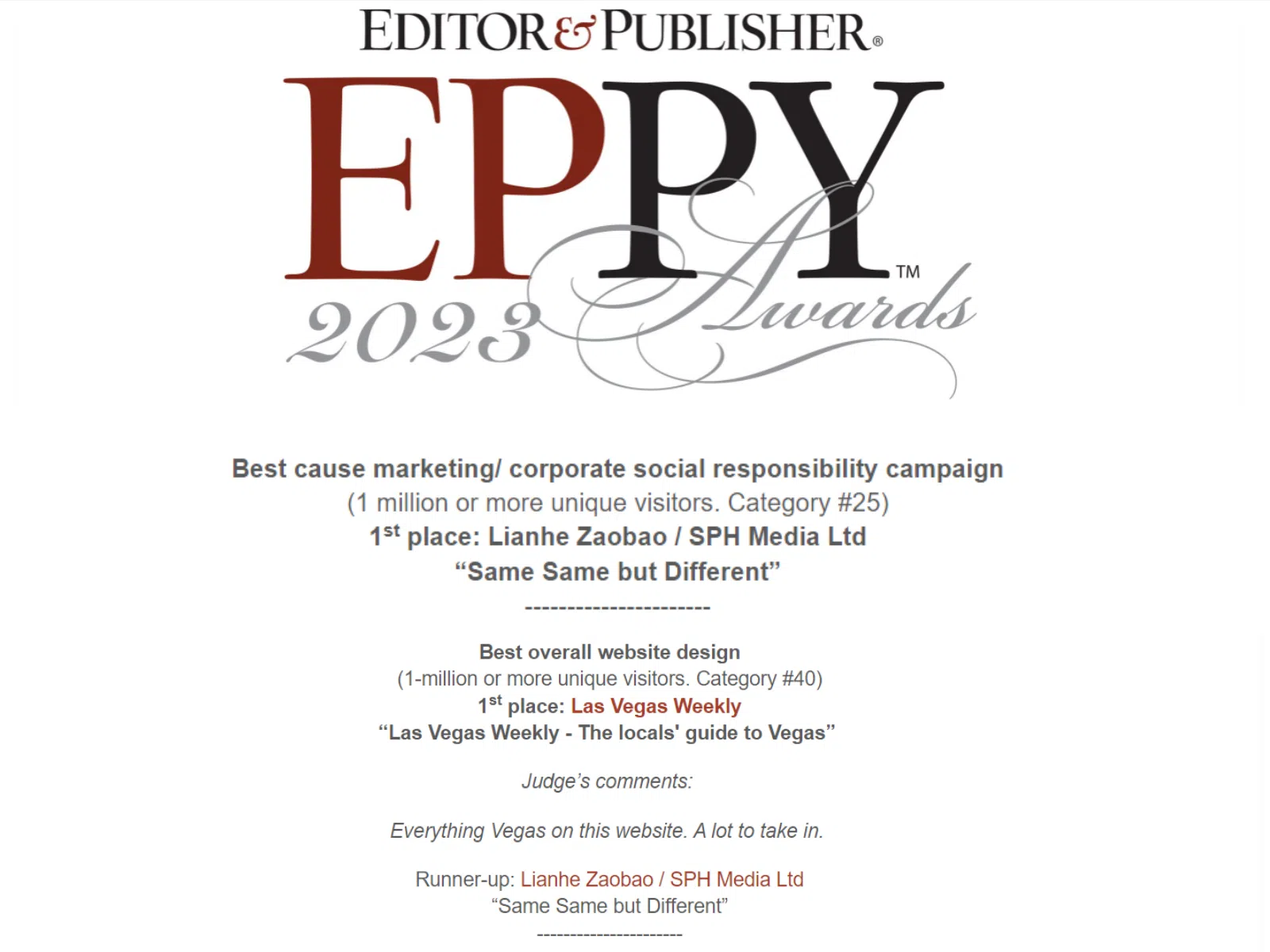 《联合早报》是今年唯一在EPPY Awards夺奖的新加坡媒体。（取自EPPY Awards官网）