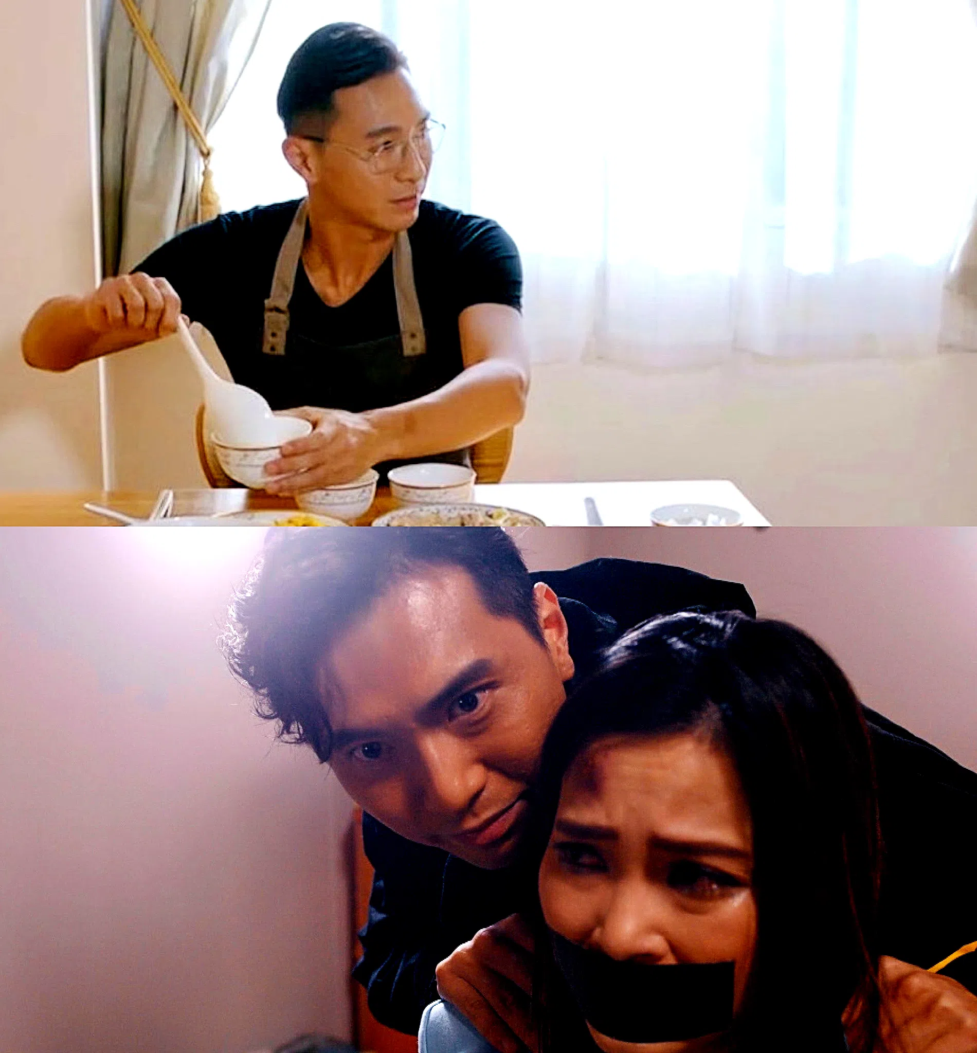 黄子恒在《隐形战队》中初登场时是斯文有礼的教授（上图），原来他患上双重人格，为报复会分裂出凶残的次人格（下图）。（互联网）