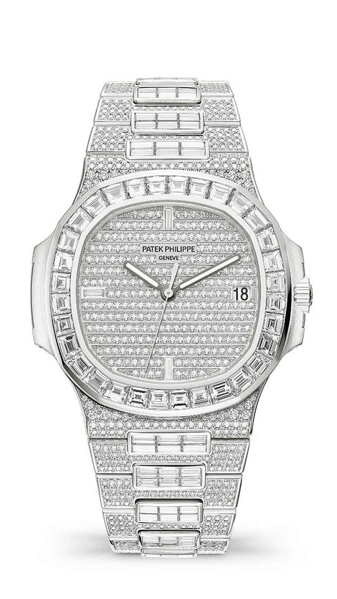 百达翡丽5719/10G镶嵌约18.73克拉共1343颗钻石，风华舞会上出现两枚。（百达翡丽提供）