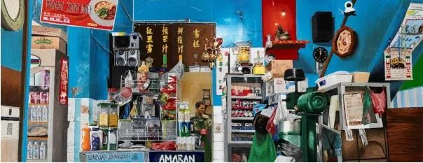 画家杨伟伦双连画《品味时光》令人穿越咖啡店怀旧时空之旅。（大华银行提供）