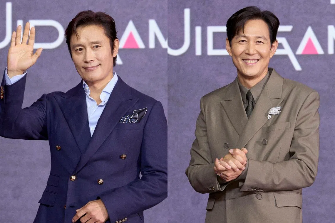 李炳宪（左）和李政宰异口同声说通过《鱿鱼游戏》感受到全球观众的支持。（Netflix提供）