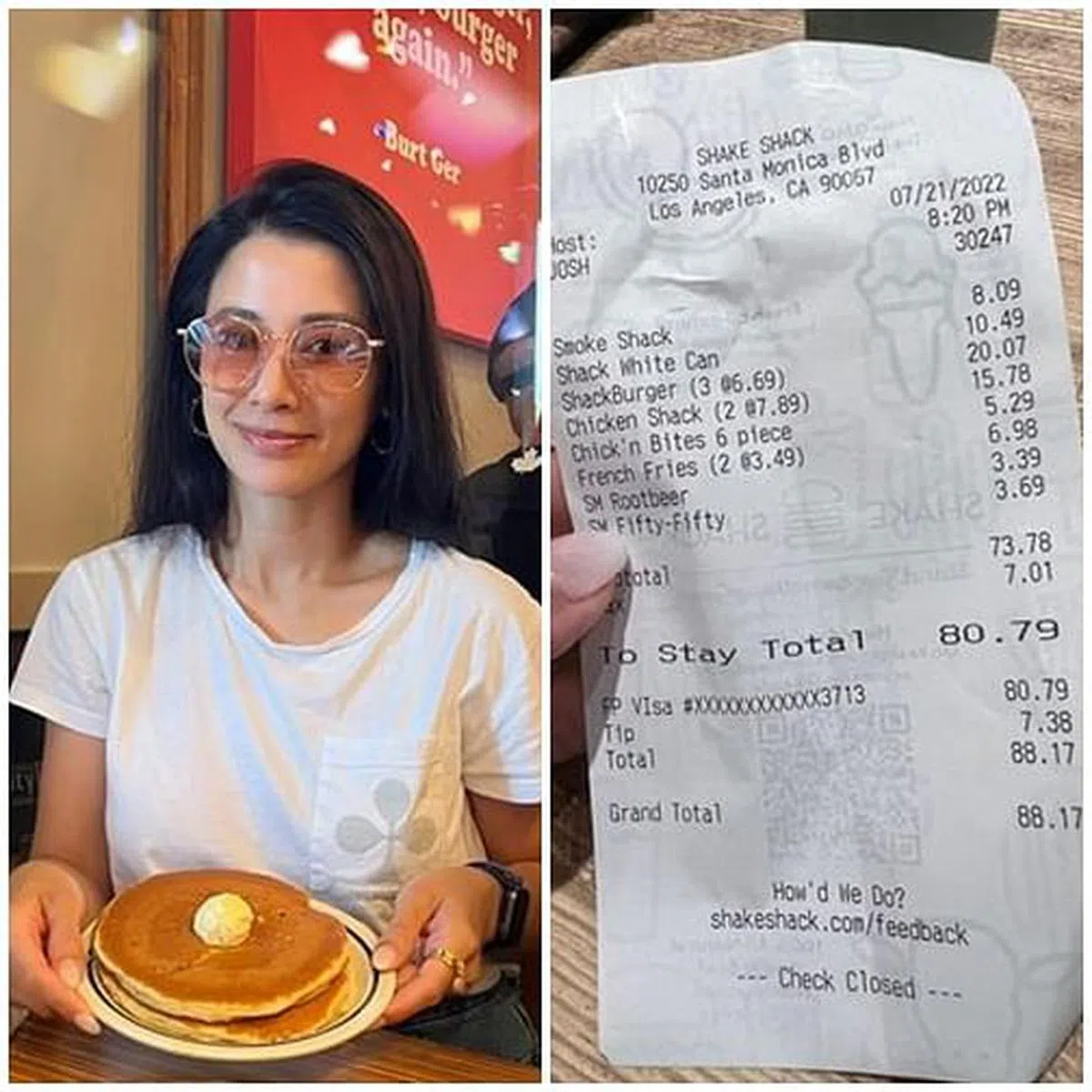 李倩蓉秀出在美国快餐店用餐的账单。（取自艺人面簿）