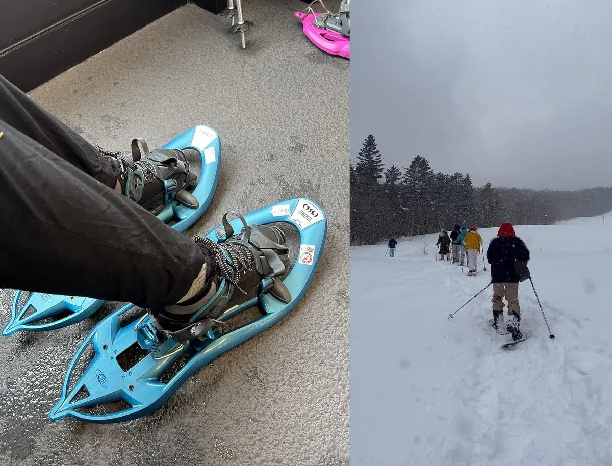 雪地健行需要在原本的雪靴上加上防滑锯齿，才可以出发。（Karen Tee、曾慧仪摄）