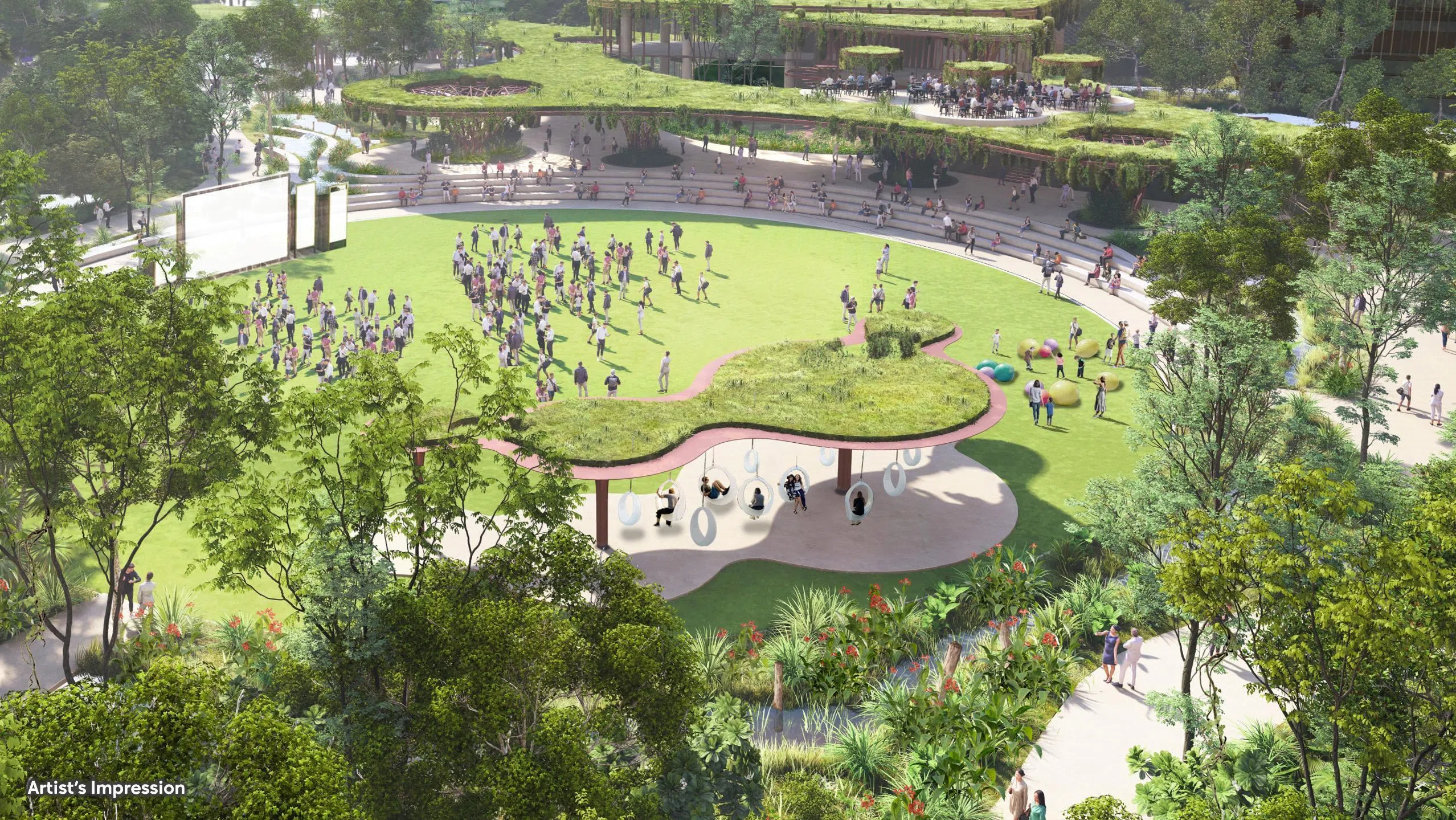 新增的社区绿地，包括占地约3500平方米的林间绿地（Glade Lawn），可举办各类社区活动。也会有一个面积超过8000平方米的开放式花园，形成连贯的生态走廊，为传粉昆虫提供栖息和觅食空间。（滨海湾花园提供）