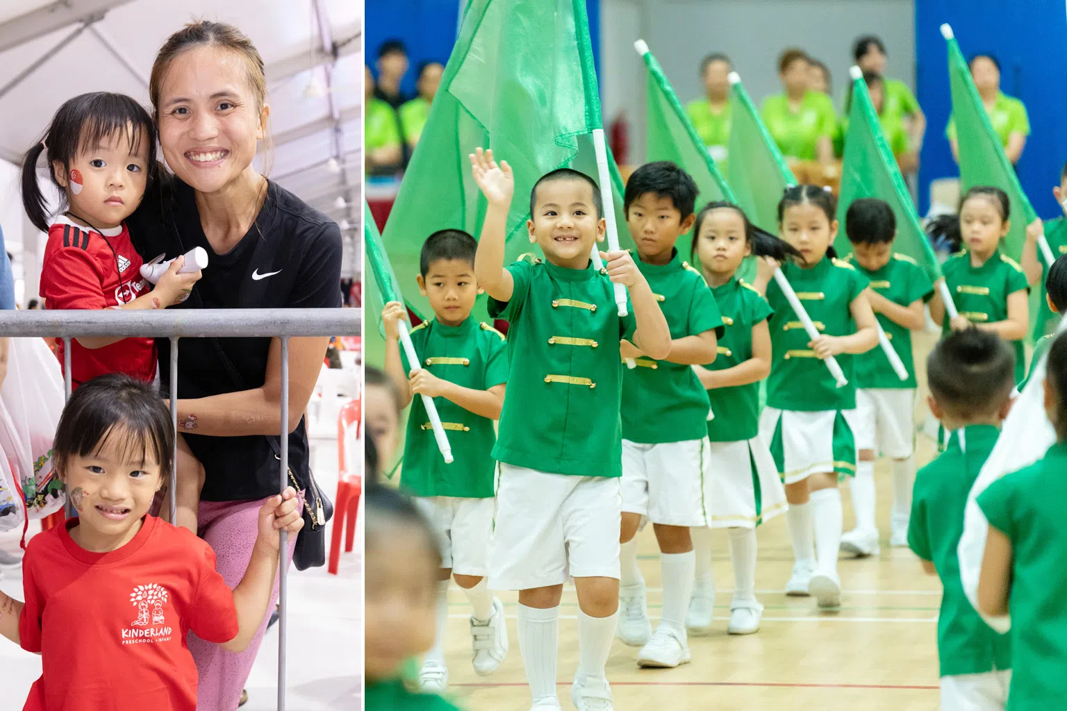 家长杨佩琴（左图，抱着幼女）说，无论是二女儿（左图左下角）在社区国庆晚宴上的自信表现，还是馨乐园运动会上见到大女儿（右图左四）的鼓乐队表演，她都感到非常感动。（图/馨乐园提供）