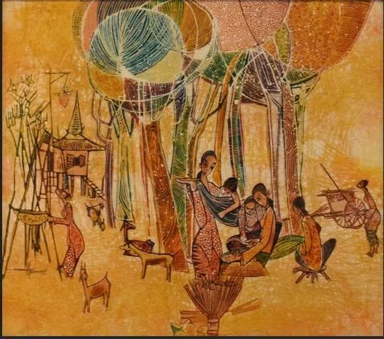 佘金裕作于1960年代的峇迪作品《马来甘榜》用色鲜明。（集菁艺社提供）