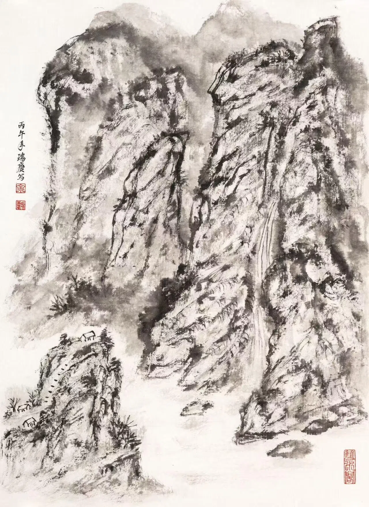 余瑞庆水墨画《探幽深处听流水》。（余瑞庆提供）
