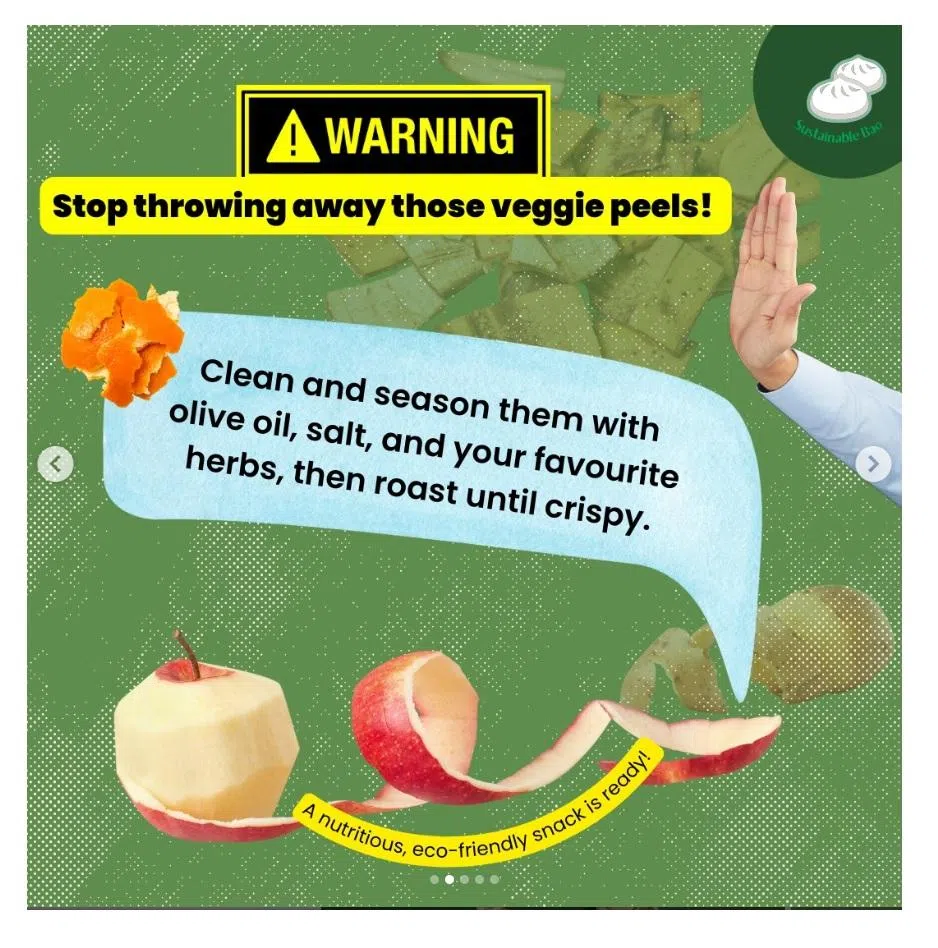 “永续包”的环保贴士之一：别把果菜皮当垃圾丢掉，洗净后用橄榄油、盐和香料调味烘烤，就是美味零食。（@sustainablebao IG截图）