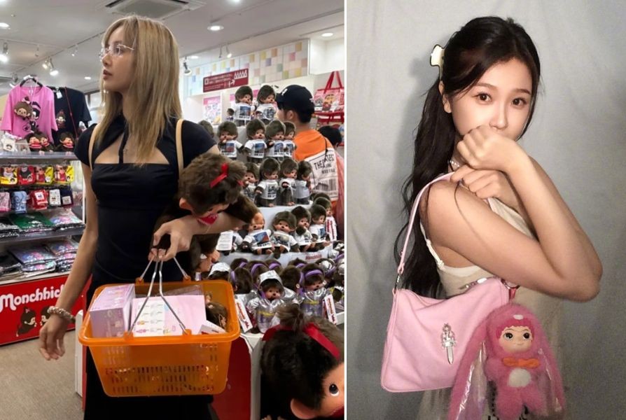 Lisa在日本购买日本老字号玩偶形象Monchhichi（左），虞书欣炫出包上的“Wakuku”玩偶。（取自Lisa IG、虞书欣微博）