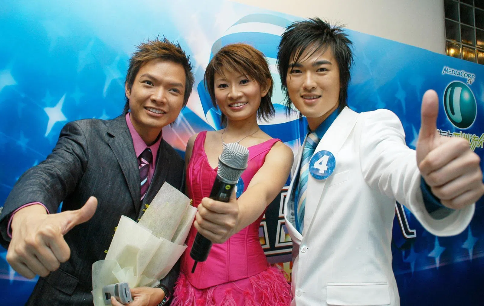 李腾（右起）2006年参加U频道选秀节目《超级主持人》获得亚军，林翠芳和黄伟雄分别拿下冠军和季军。（档案照）