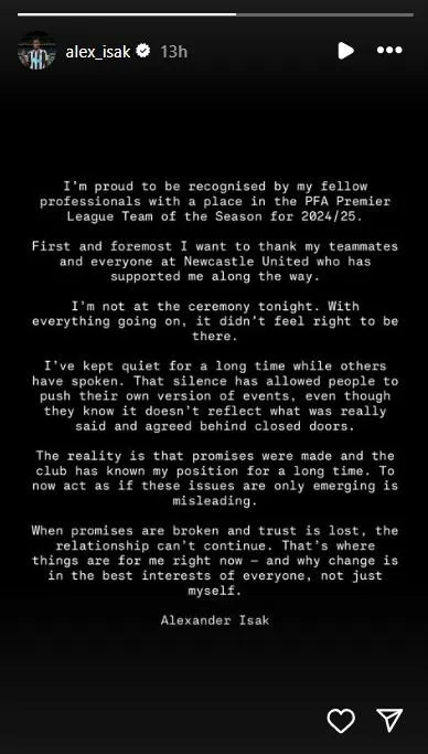 伊萨克在Instagram发布限时动态，既对自己入选PFA年度最佳阵容感到“骄傲”，也表示对球队的所作所为感到失望。（取自伊萨克Instagram）