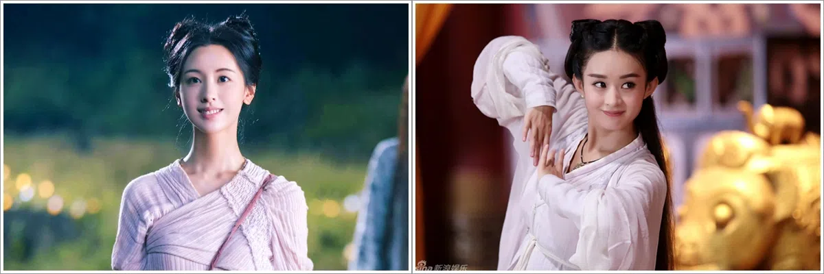 陈都灵在2024年电影《花千骨》饰演花千骨，右为赵丽颖2015年在剧版的花千骨。（取自影剧微博）